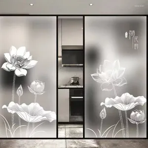 Naklejki okienne statyczne szkło przylśnienia pokrywane biała linia lotos PVC Dekoracja domowa wodoodporna prywatność zamrożona folia