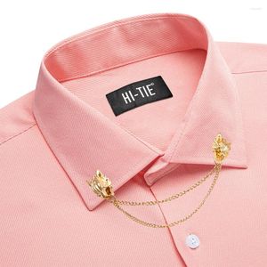 Mäns casual skjortor hi-tie mens silk korall rosa långärmad vändningskrage högkvalitativ smal passform för män bröllop affär formell