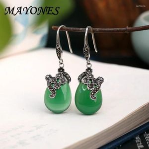 Dangle Earrings S925 Thai Silver Jade Chalcedony Agate For Women's Retro And Antique Ethnic Style Blue Sandstone