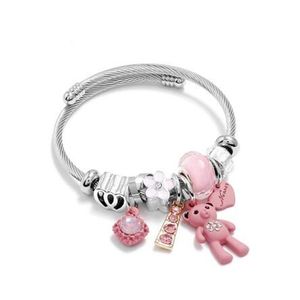 Armband rostfritt stål diy smycken stor rosa björn pendelle hjärtan älskar kvinnors armband manschett charms pulseras