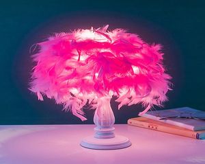 Quality 110V220V WhitePink Feather Lampshade Wooden Base Night Lights Lamp Decoration Table Lamps Bedroom Beside Lighting3506063