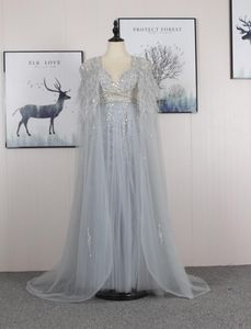 LYRASUE Light Blue A Line Cape Feather Full Nice Beaded Zipper Back Elegant Formal Evening Dresses Prom Dresses LY1106054985767