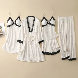 Casa roupas rendas guarnição pijamas verão feminino 5 pçs pijamas conjunto de seda cetim quimono roupão vestido casual camisola sexy pijamas terno wear