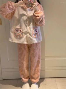 Hemkläder vinter sömnkläder korall fleece förtjockande varm kawaii björn öron huva pyjama set kostym tecknad rosa 2 bit nattkläder