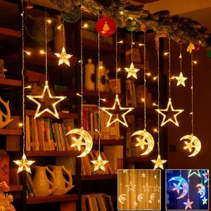 126LED MOON STAR PERY String Lights Pil Powered Kapalı Ana Ev Perde Icikle Peri Işık Noel Parti Pencere Dekorasyonu 240329