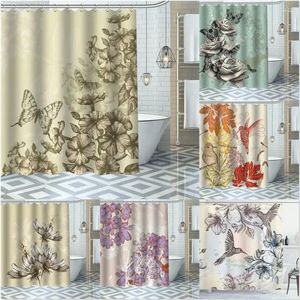 Shower Curtains 3D Print Vintage Flower Curtain Art Plant Leaves Bird Pattern Fabric Waterproof Polyester Bathroom Accessor Bath