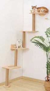 Kattträdvägg monterad med 4 nivåer hyllor 73 trähörnklättringstorn inomhus 240320