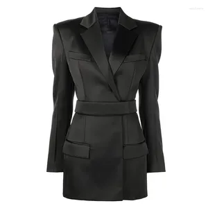 Vestidos casuais cetim blazer vestido com cinto rosa preto terno 2024 designer temperamento brilhante manga longa mini alta qualidade