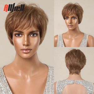 Wigs Short Pixie Cut Blonde Brown Synthetic Wigs for Women Natural Straight Layered Wig with Fluffy Bangs Daily Heat Resistant Hair