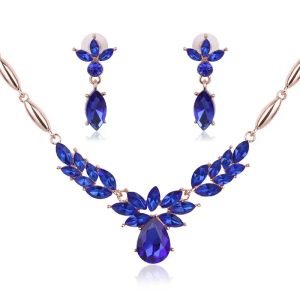 Necklace Blue Jewelry Gold Plated Necklace Set Fashion Flowers Diamond Wedding Bridal Costume Jewelry Sets Party Ruby Jewelrys(Necklace + E