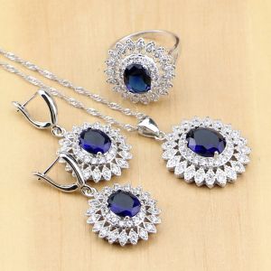 Sets Bridal Jewelry Sets Oval BlueCubic Zirconia White CZ Beads Silver 925 Jewelry for Women Earrings Pendant Necklace Rings