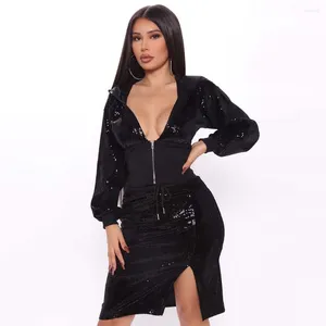 Vestidos de trabalho estilo europeu mulher vestido define primavera outono zíper hoodies e saia 2 peças bling lantejoulas roupas