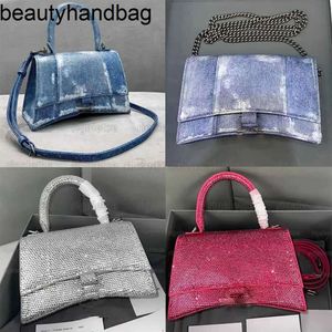 Balencig HOURGLASS XS bag handbag rhinestone grey suede calfskin silver hardware shoulder designer luxury wallet pouch black pink purse top qualit WB1B