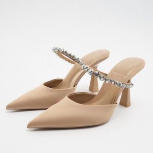 Slippers Crystal High Heels Mules Women Shoes Summer Slippers 2023 Новые заостренные пальцы элегантны