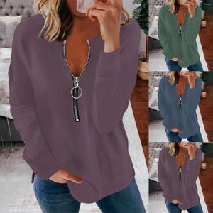 Women's Blouses Three-Quarter Zipper V Neck Women Blouse Long Sleeve Shirts Plus Size Casual Pullover Sweatshirts Loose Sweetwear Camisas