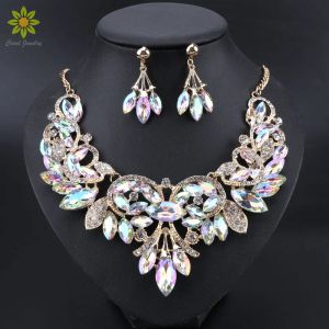 Necklaces New Luxury Indian Bridal Jewelry Sets Wedding Party Costume Jewellery Womens Fashion Gifts Leaves Crystal Necklace Earrings Sets