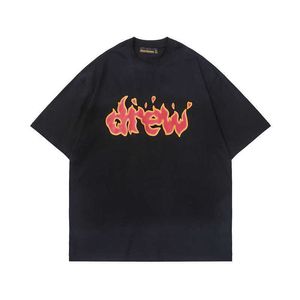 2023 Sommaren Nya high street trendiga varumärke Drew Flame Letter tvättad gammal kortärmad t-shirt