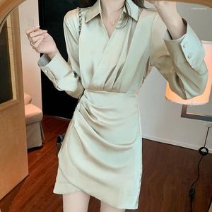 Casual Dresses Spring Autumn Shirt Dress for Women Solid Office Lady Elegant Korean Fashion Sweet Vestidos V Neck Mini