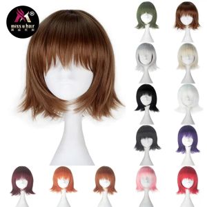 かつらを逃すuヘアシンセティックショートストレートブラックピンクレッドパープルホワイトブラウンチャラヘアガールズロールプレイコスプレウィッグハロウィーンパーティー