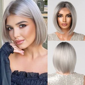 Wigs HAIRCUBE Short Straight Hairline Lace Front Synthetic Wigs for Afro Women Brown Grey Ombre Hair Daily Party Heat Resistant Wig