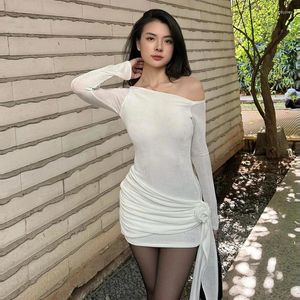 Casual Dresses Lygens Se genom blommönster Ruched Asymmetrical Long Sleeve Elegant Dress Y2K Streetwear Wholesale Korean Clothing
