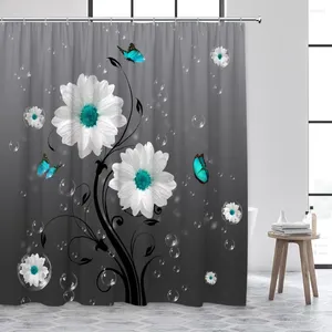 Cortinas de chuveiro margaridas brancas flores borboleta criativa bolha floral preto cinza ombre pano de fundo tecido decoração de banheiro com ganchos