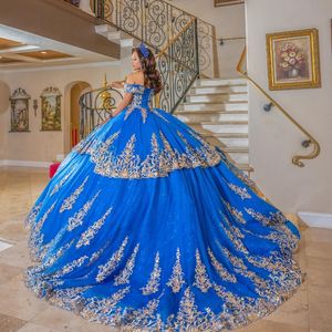 2024 Blue Sweetheart Quinceanera Dresses Ball Gown Puffy Beaded Gold Appliques Lace 15 Year For Girls Birthday Party Dress Robe De