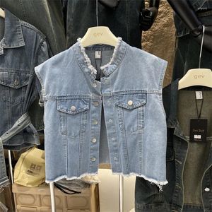 Kvinnors västar vår sommar kvinnor frayed burrs står krage kort cowboy väst ljus blå mörk ärmlösa jeans waistcoat smal veste femme