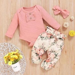 Conjuntos de roupas 0-18m bebê meninas roupas conjunto criança malha romper primavera outono infantil nascido bonito plissado manga longa calças headband outfit