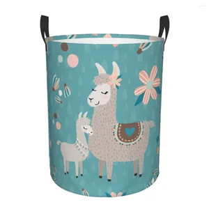 Laundry Bags Folding Basket Llama Teal Pattern Round Storage Bin Large Hamper Collapsible Clothes Toy Bucket Organizer