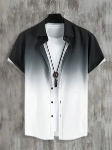 2023 Crossborder havaiano masculino camisa de manga curta cor gradiente bolso único breasted praia casual 240329
