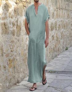 Incerun s5xl Summer Men Robe Dress Short Sleeve 100Cotton Vneck Full Length Bathrobe Natural Lounge Male Gown Vacation Beach6714520