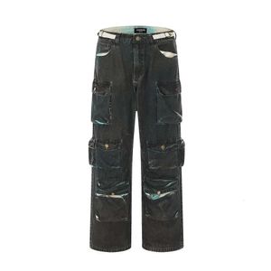Calça jeans estilo workwear com vários bolsos, masculina, alta rua, solta, cintura ajustável, perna reta, perna larga
