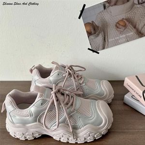 Sapatos casuais prata rosa grosso esportes para mulheres tênis primavera 2024 cabeça grande feio bonito versátil pai plataforma bombas cesta femme