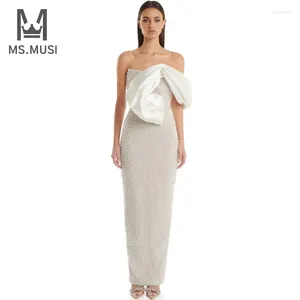 Casual Dresses MSMUSI 2024 Fashion Women Sexy Off the Axel One Pearl Beading Sleeveless BodyCon Party Club Event Maxi Dress