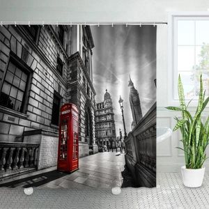 Duschvorhänge Retro rote Telefonzelle schwarz weiß London Gebäude Stadtlandschaft Polyester Stoff Badezimmer Vorhang mit Haken