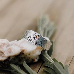 Cluster Rings Forest Mountain Sun Nature Landscape Carved Ring for Women Men Sunset Justerbart smycken Dropship