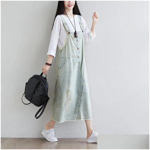 Vestidos Casuais Básicos Mulheres Soltas Denim Vestido Branqueado Rasgado Buracos Strap Jean Vintage Lavado Baggy Cowboy Drop Delivery Vestuário Womens Dhuj2