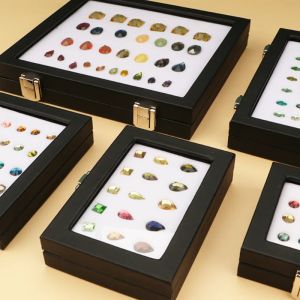 Caixa de exibição de jóias de couro preto transparente caixa de gema anel de diamante rosto pedra nua cor tesouro caixa de diamante nua