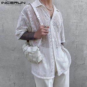 Men's Casual Shirts 2024 Fashion Men Shirt Mesh Lace Transparent Streetwear Lapel Short Sleeve Button Camisas Party Sexy Clothing S-5XL