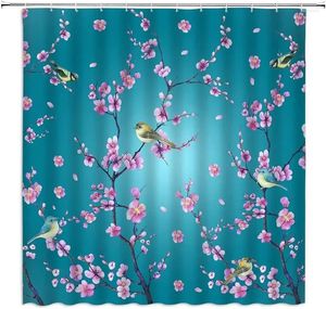 Shower Curtains Japanese Cherry Blossoms Floral Watercolor Pink Purple Flowers Bird Branch Chinese Decor Bathroom Set With Hooks