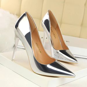 Mulheres bombas de couro metálico 75cm 105cm salto alto senhora stiletto baixo casamento nupcial prata ouro sapatos de qualidade brilhante 240326