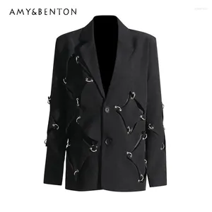 Women's Suits 2024 Autumn Metal Rivet Ring Decoration Irregular Profile Suit Single-breasted Asymmetric Coat Jacket Clothes Blazer