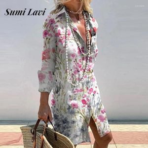 Casual Dresses Women Sexy V-neck Loose Shirt Dress 2024 Fashion Print Single Breasted Bohe Mini Long Sleeve Straight Party