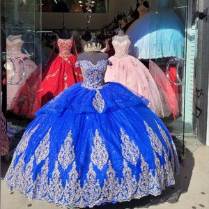 푸른 색 오프 어깨 연인 볼 가운 Quinceanera 드레스 구슬 자수 아플리케 레이스 무도회 이브닝 파티 대회 생일 가운 드레스