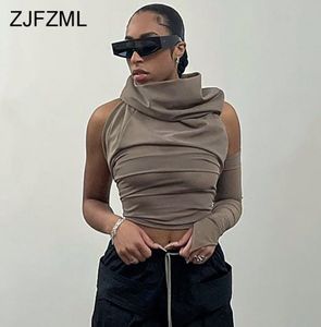 Sexy One Sleeve Solid Crop Tops for Women Casual Rame Backless T Shirty Eleganckie z kapturem z kapturem Bodycon Drop6025618