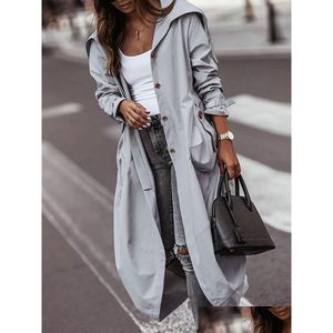 Kvinnor Trench Coats Kvinnor TurnDown Collar Long Outerwear Autumn Winter Loungewear Pocket Solid Cardigan Sleeve Streetwear Drop 230822 Dhtar