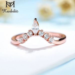 Kuololit 585 14K 10K Rose Gold Marquise Ring for Women Solitaire Matching V Band Wedding Engagement Couple 240402