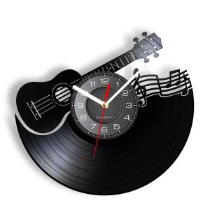 Гитара Скрипичный ключ Гитара Виниловая пластинка Настенные часы 3d Музыкальный инструмент Музыкальная партитура Настенные часы со светодиодной подсветкой Рок-н-ролл Подарок