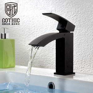 Bathroom Sink Faucets Gothic Brass Waterfall Washbasin Faucet Black Basin Brushed Gold Single Handle DeckMount Cold And Mixer Tap